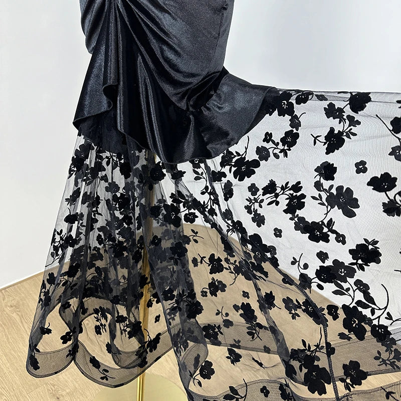 2024 Ballroom Dance Clothes Women Black Lace Mesh Veslvet Tops Skirt Waltz Dance Performance Costume Competition Dresses BL13497