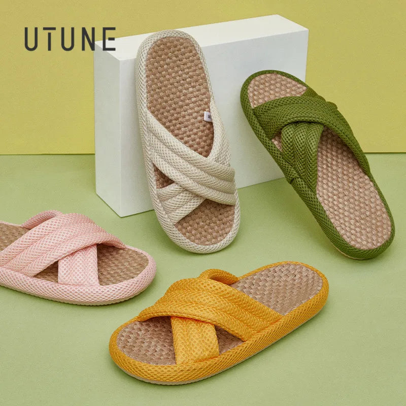 UTUNE Linen Women Slippers Outdoor Summer Mute Light Vacation Travel Comfortable Shoes Anti-slip Flat Thick Sole Home Slides