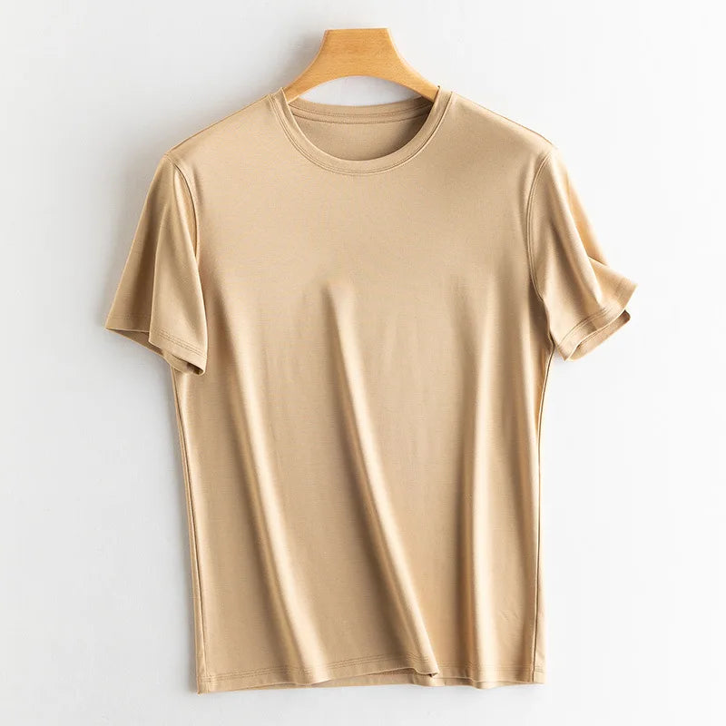 Birdtree 7% Silk 62% Cotton Short Sleeve T-Shirt Men Thin Loose Breathable Basic Solid Cultural T-Shirt 2024 Summer T41479QC