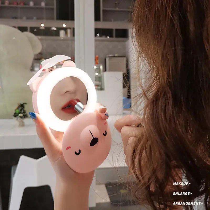 Cute Piggy Makeup Mirror Handheld Mini Fan With Led Light Cosmetics Mirror With Small Fan Girls Travle Portable Fan