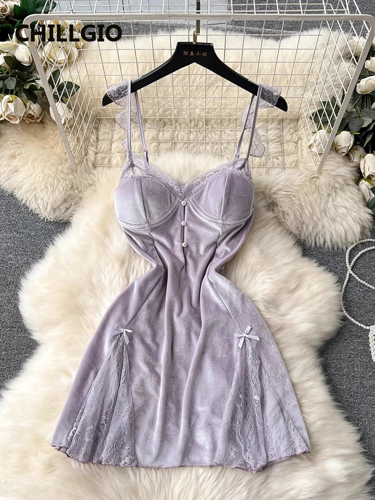 CHILLGIO Women Beaded Velour Spaghetti Strap Dress Fashion Party A Line Sexy Nightie Pajamas Nightwear Lace Patchwork Nightgowns