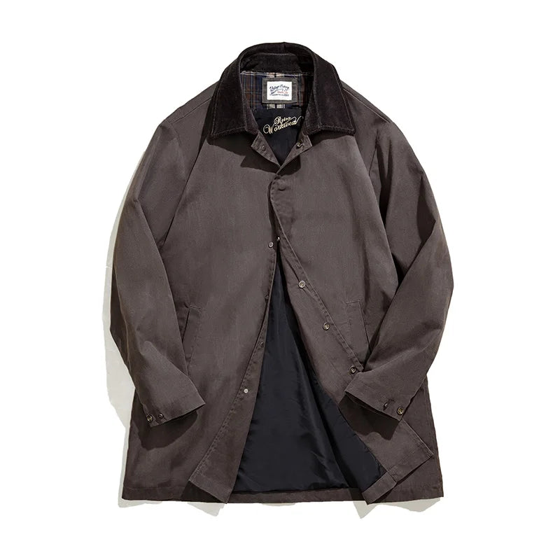 Maden Men's Vintage Waxed Windbreaker Corduroy Turn-down Collar Mid-length Overcoat Windproof and Waterproof Trench Loose Jacket