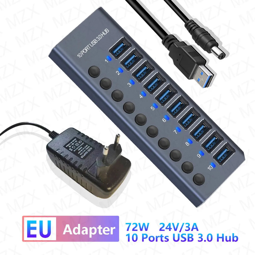 MZX USB 3.0 Hub Aluminum Multi Port Splitter with Power Adapter and Switch