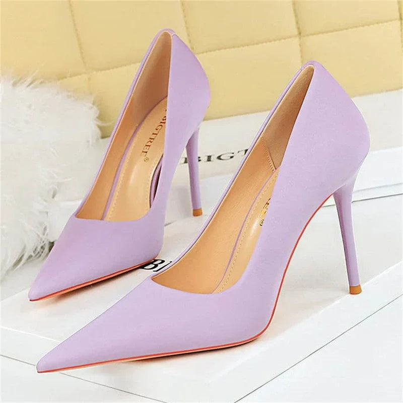 BIGTREE Autumn Fashion Simple Pedicure Slimming Super Woman Pumps Heels Shallow Mouth Strippe Pointed Sexy Nightclub Shoes