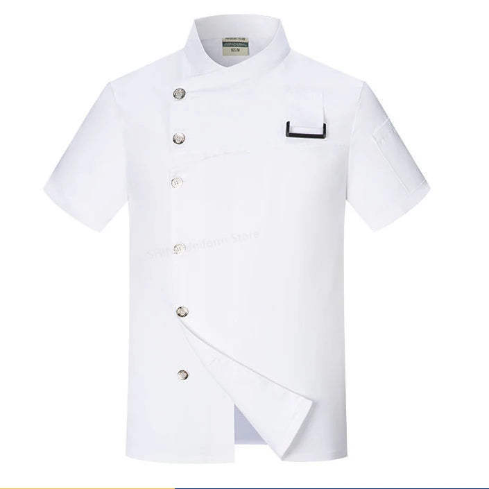 White Chef Coat Logo short Sleeve Chef Jacket Apron for Summer Head Chef Uniform Restaurant Hotel Kitchen Pizza Cooking Clothes