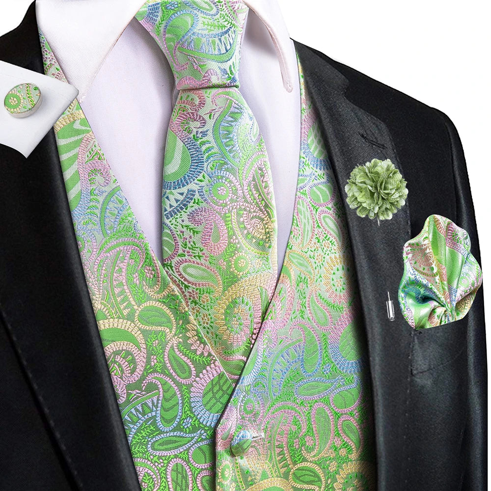Luxury Gold Black Silk Mens Vests Print Jacquard Waistcoat Tie Hanky Cufflinks Brooch Set for Men Wedding Formal Business Hi-Tie