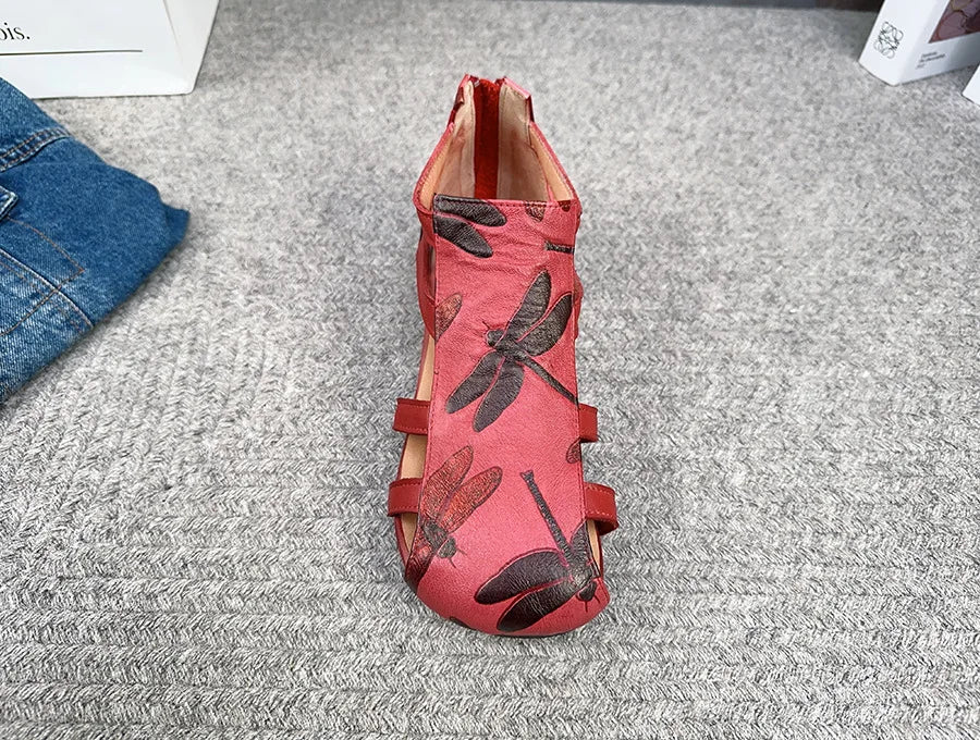 Johnature Genuine Leather Printed Roman Sandals 2025 Summer New Back Zippered Flat Hollow Round Toe Women's Shoes