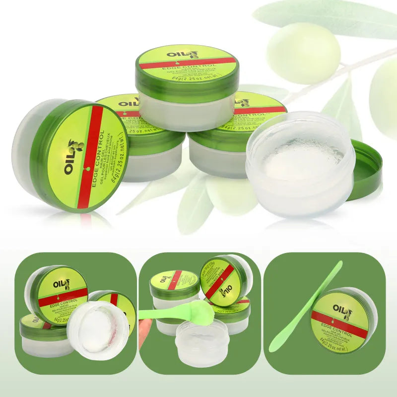 New Edge Control Wax For Women Strong Hold Olive Oil Edges Control Gel With Brush Spoon Babys Hair Edge Smoother Creme 2.25Oz