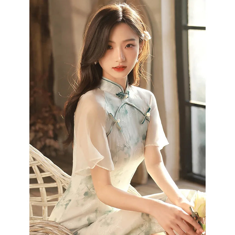 2024 Summer Cheongsam New Fairy Young Style Elegant Retro Qipao Girl Small Fresh Length Modern Oriental Dress