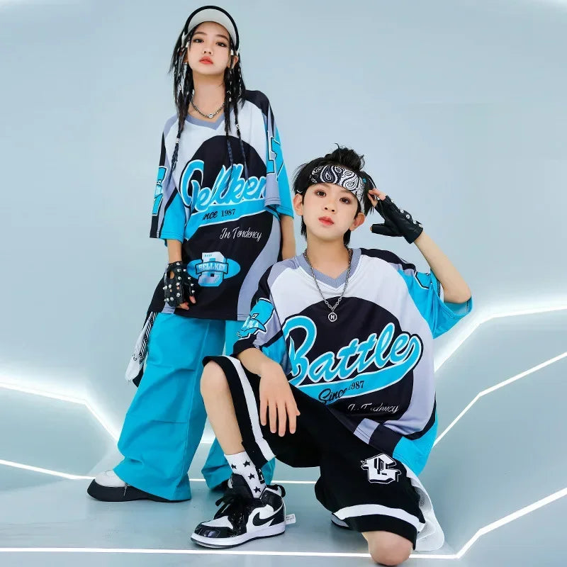 New Summer Teens Loose Blue T-Shirt Pants Black Shorts Boys Hip Hop Outfits Modern Jazz Dance Costume Girl Kpop Performance Wear