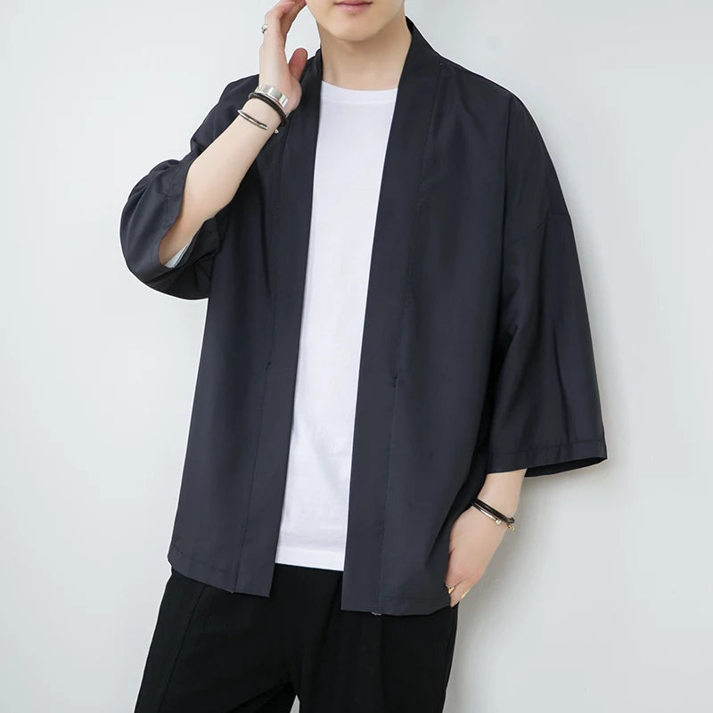 Summer New Men's Lightweight Kimonos Traditional Japanese Clothing Male Open Front Cardigan Cloak Yukata Jacket Coat White