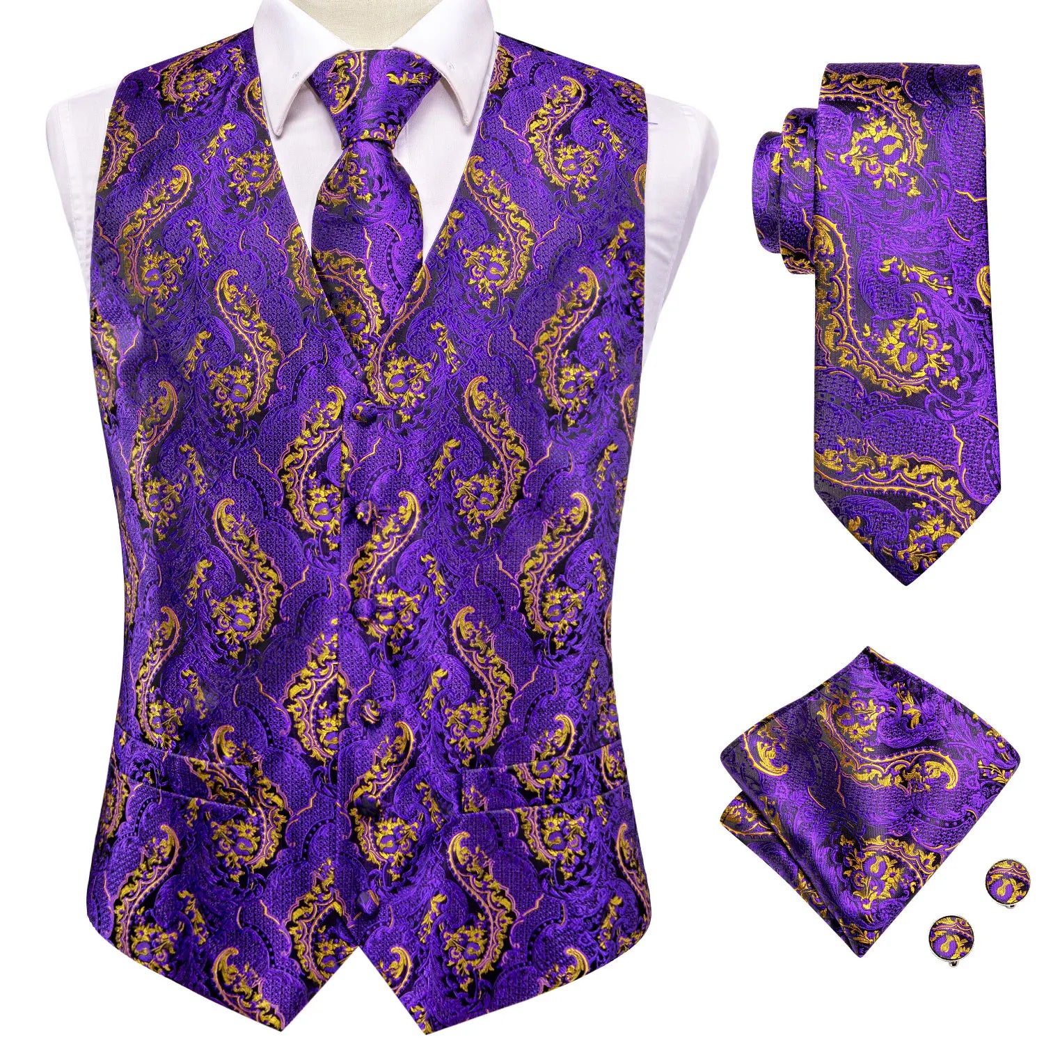 Hi-Tie Brand Silk Mens Vests Grey Black Gold Navy Blue Red Burgundy Jacquard Waistcoat Jacket NeckTie Hanky Cufflinks for Men