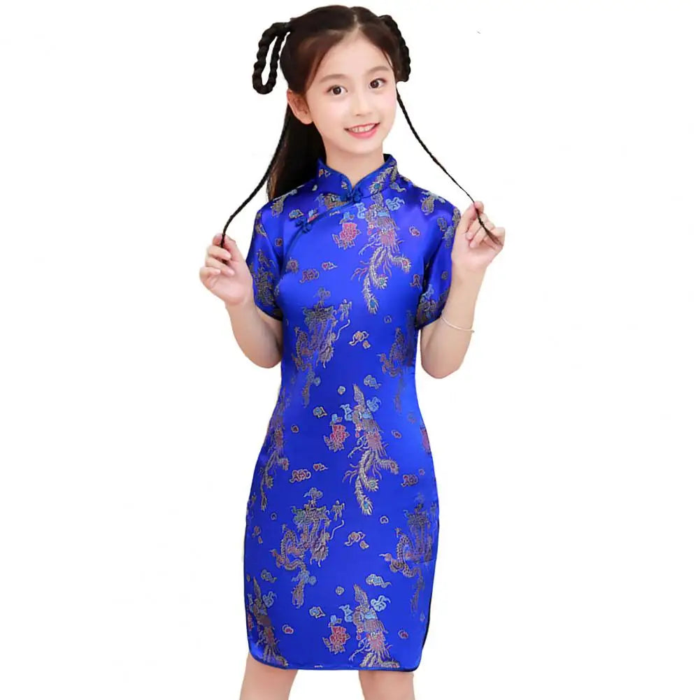 Kids Girls Satin Dress Cheongsams Hanfu Tight Phoenix Print Dress Chinese Traditional Costumes Princess Girls Dress Cheongsams
