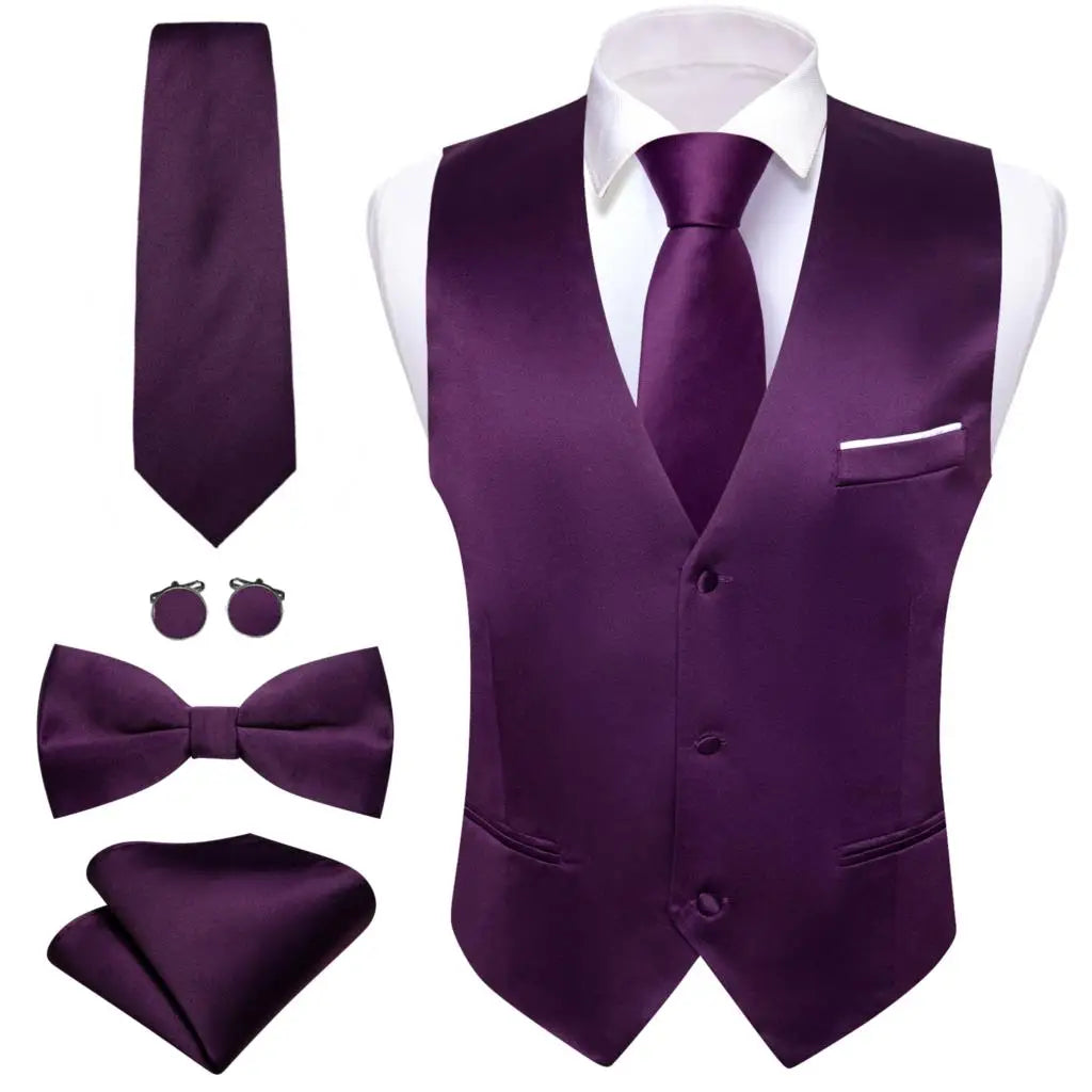 Elegant Vest for Men Pink Solid Satin Waistcoat Tie Bowtie Hanky Set Sleeveless Jacket Wedding Formal Male Gilet Suit Barry Wang