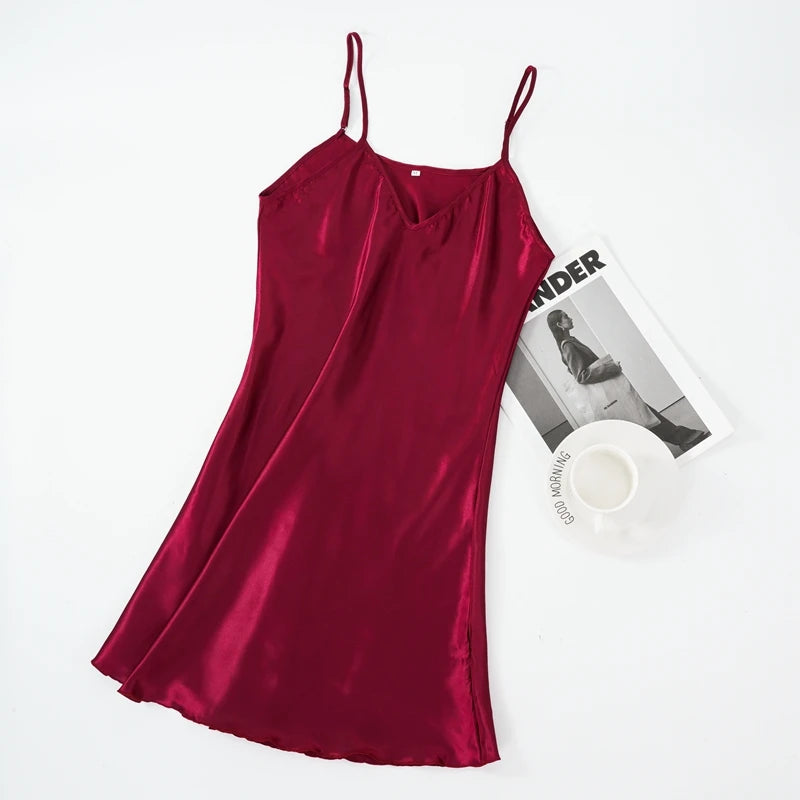 WSFSLJWDW Sexy Pajamas Women's Faux Silk Suspender Nightdress Ladies Spring and Summer Ice Silk Thin Halter Home Night Dresses