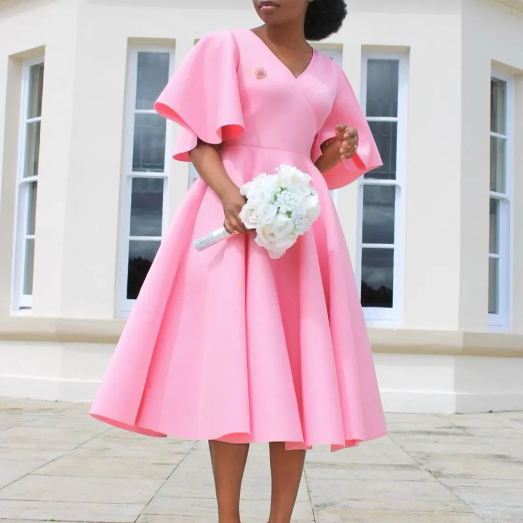 Summer Fashion African Women V-neck Polyester Short Flare Sleeve Red Black Pink Knee-length Dress African Dresses for Women