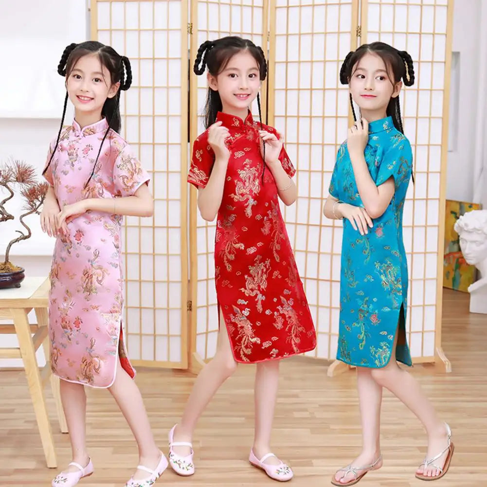 Kids Girls Satin Dress Cheongsams Hanfu Tight Phoenix Print Dress Chinese Traditional Costumes Princess Girls Dress Cheongsams