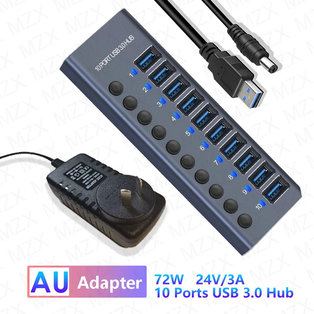 MZX USB 3.0 Hub Aluminum Multi Port Splitter with Power Adapter and Switch