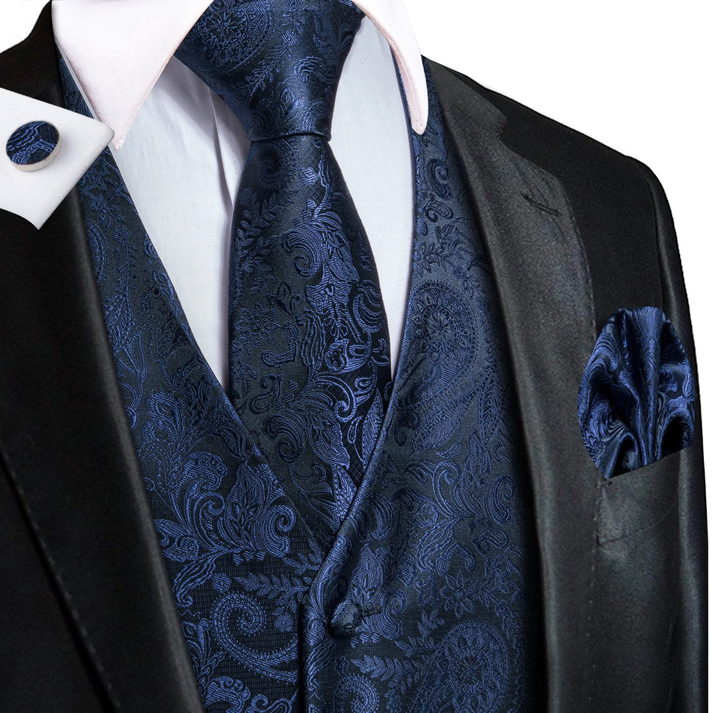 Hi-Tie Men's Silk Vests Fashion Dark Green Floral Jacquard Handkerchief Cufflinks Necktie Sleeveless Wistcoat Sets Wedding Party