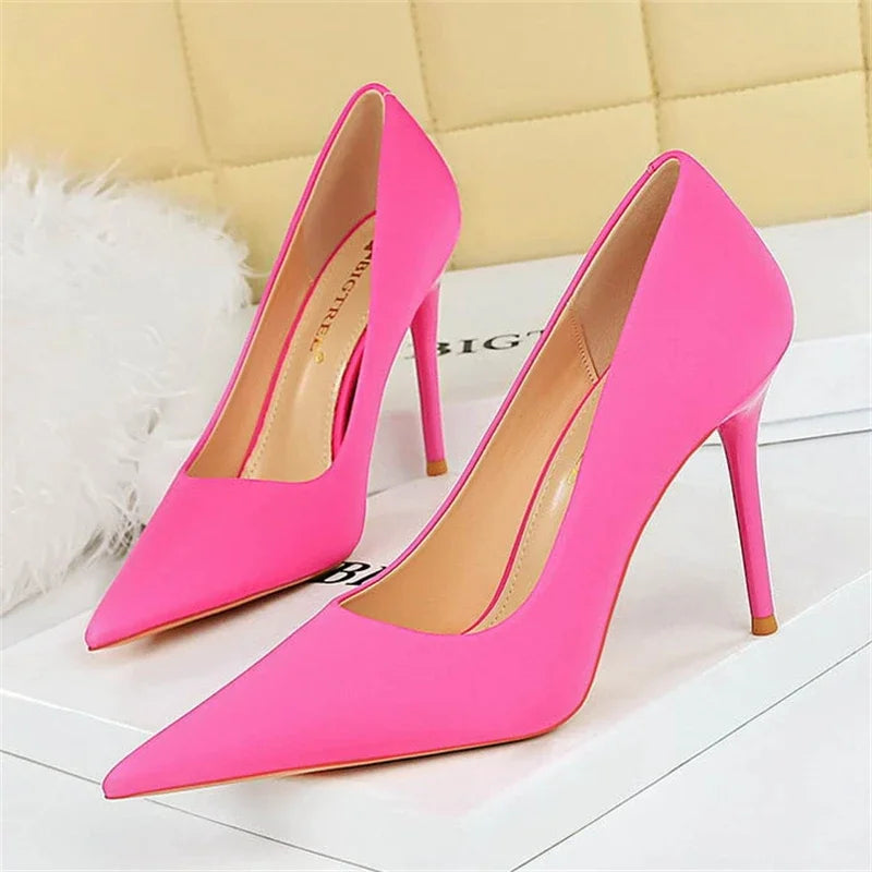 BIGTREE Autumn Fashion Simple Pedicure Slimming Super Woman Pumps Heels Shallow Mouth Strippe Pointed Sexy Nightclub Shoes