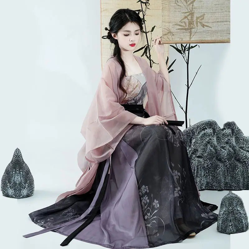 Chinese Hanfu Dress Women Party Outfit Chinese Tang dynasty Ancient Printed Fashion Hanfu Summer Chiffon 3pcs Sets