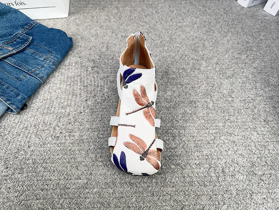 Johnature Genuine Leather Printed Roman Sandals 2025 Summer New Back Zippered Flat Hollow Round Toe Women's Shoes