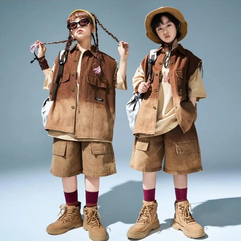 Sets Kids Showing Cool Tee Street Dance Child Jazz Costumes Boys Hip Hop Brown T-shirt Girls Loose Print Cargo Shorts Clothes