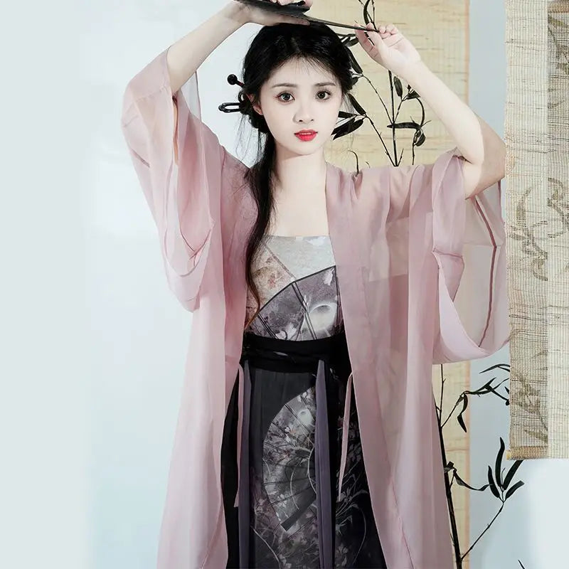 Chinese Hanfu Dress Women Party Outfit Chinese Tang dynasty Ancient Printed Fashion Hanfu Summer Chiffon 3pcs Sets
