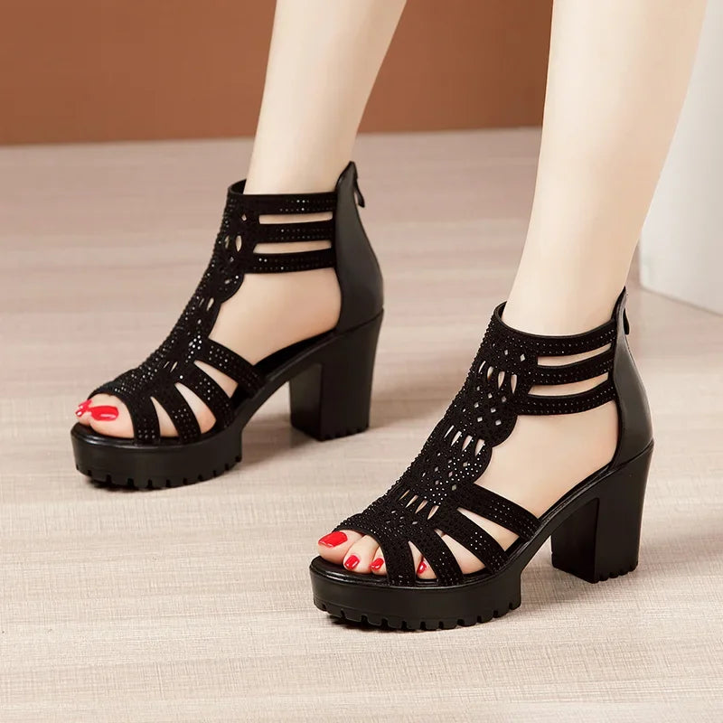 6cm 8cm Small Size 32-43 Rhinestone Wedding Shoes Summer Platform Sandals 2025 Block High Heels Gladiator Sandals Office Model