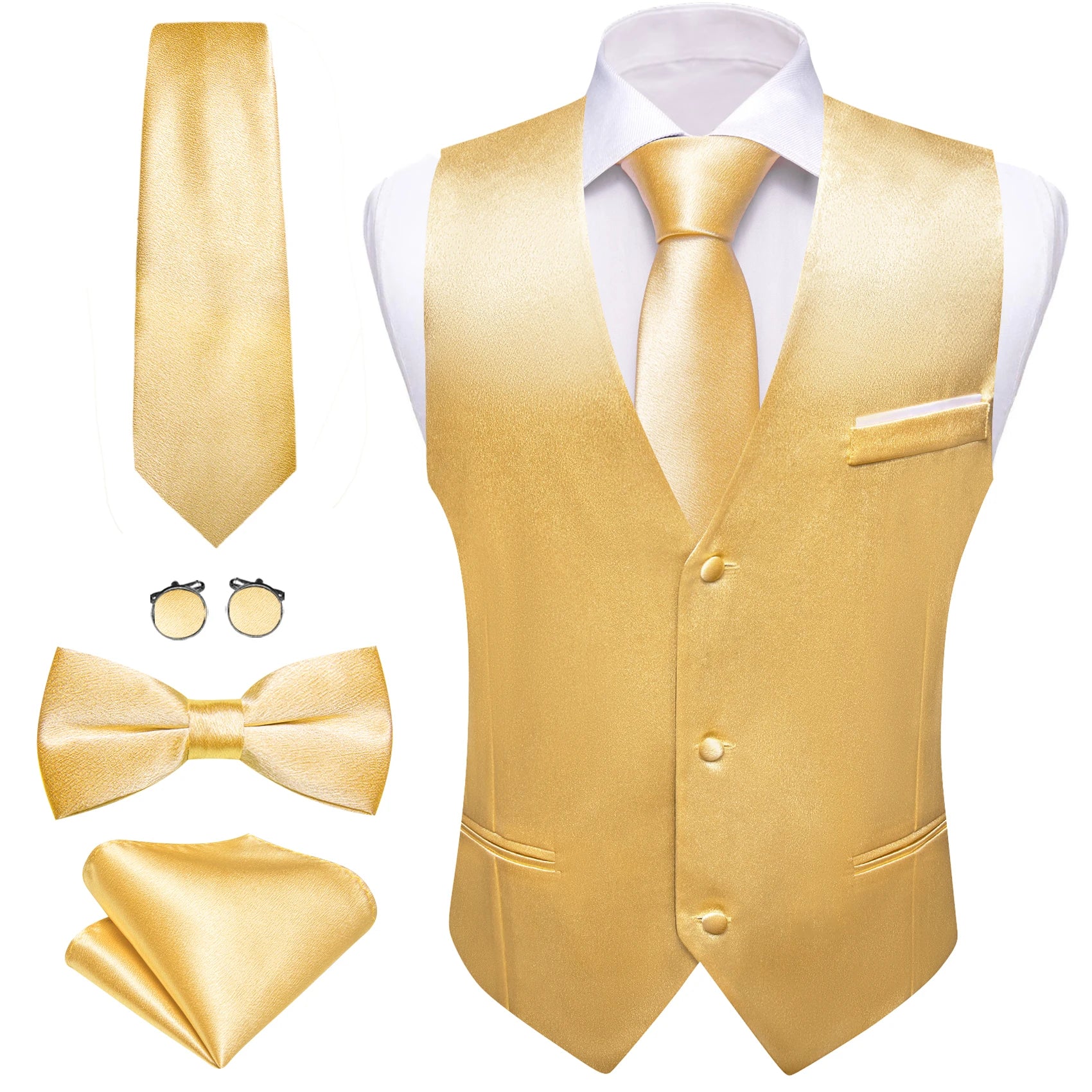Elegant Vest for Men Pink Solid Satin Waistcoat Tie Bowtie Hanky Set Sleeveless Jacket Wedding Formal Male Gilet Suit Barry Wang