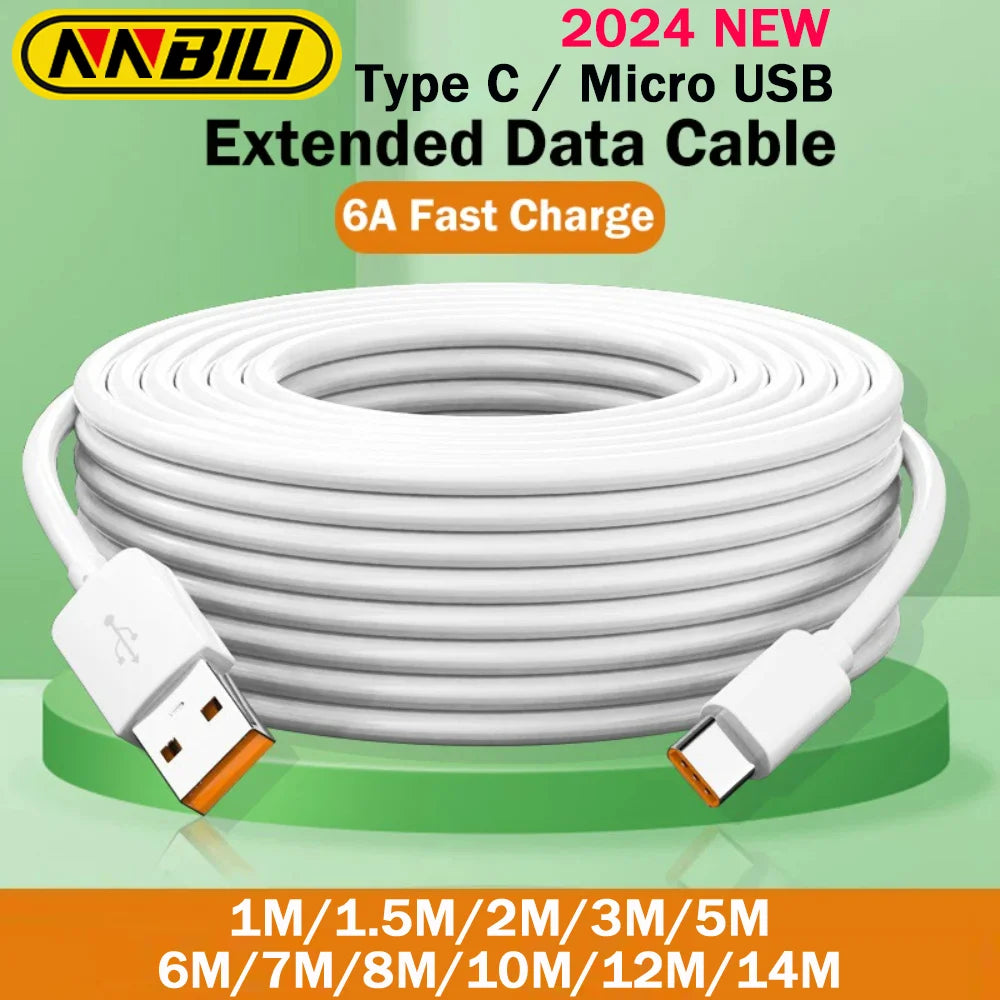 NNBILI 2024 NEW 6A 1M-14M Extra Long Micro/Type C USB C Charge Cable for Xiaomi Huawei PS4/5 Camera VR Android Phone Universal