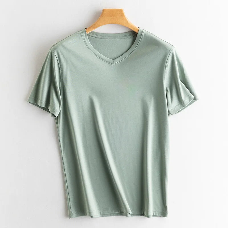 Birdtree 7% Silk 62% Cotton Short Sleeve T-Shirt Men Thin Loose Breathable Basic Solid Cultural T-Shirt 2024 Summer T41479QC