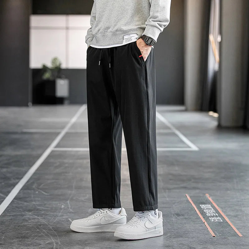 Plus Size Trousers Men's 2024 New M-8XL Ice Silk Pants Drawstring Feet Leisure Sports Running Fitness Harajuku Trousers