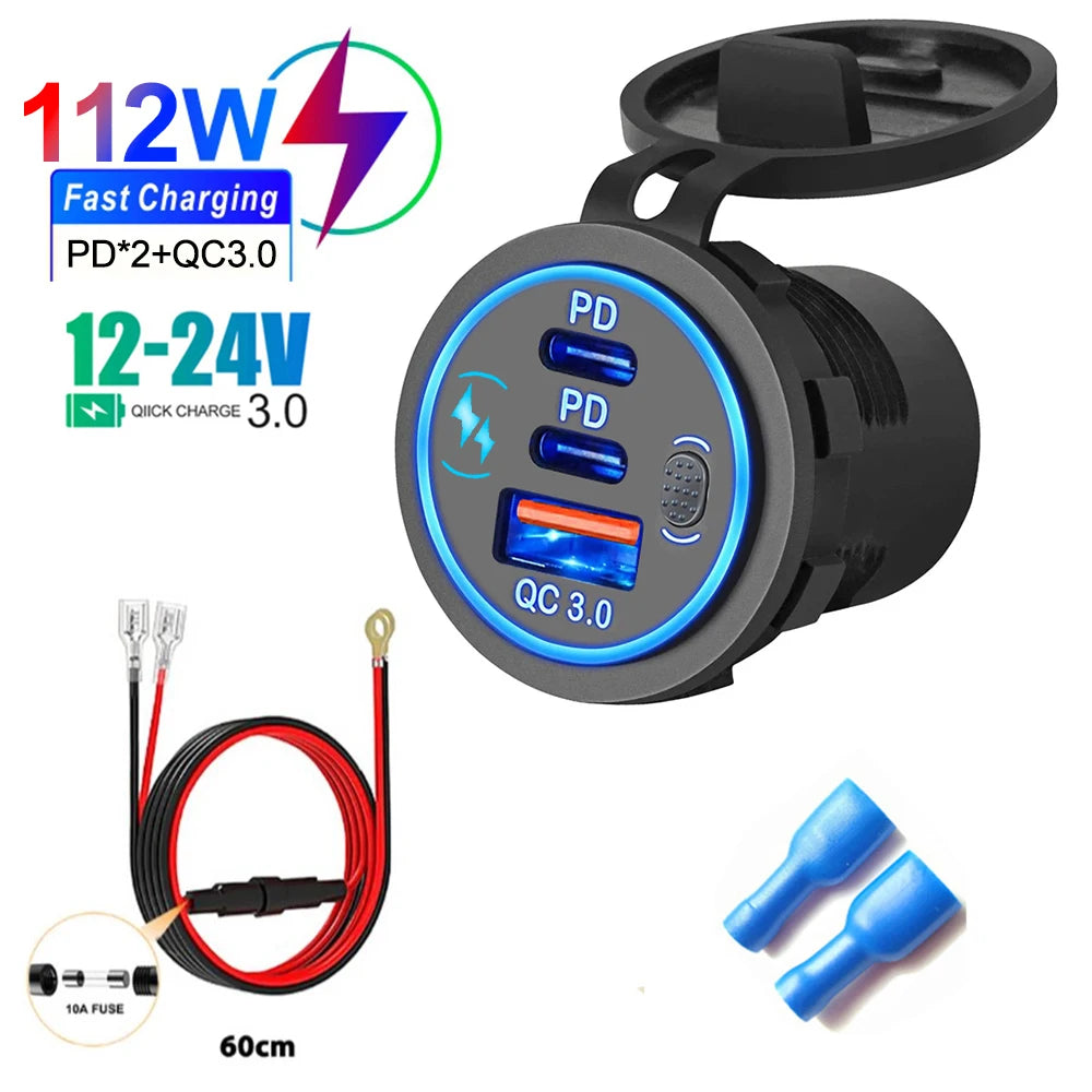 Car Charger Socket PD3.0 & QC3.0 Double USB C Ports Waterproof with LED Touch Switch 78W Fast Charging 12V/24V For Moto Adapter