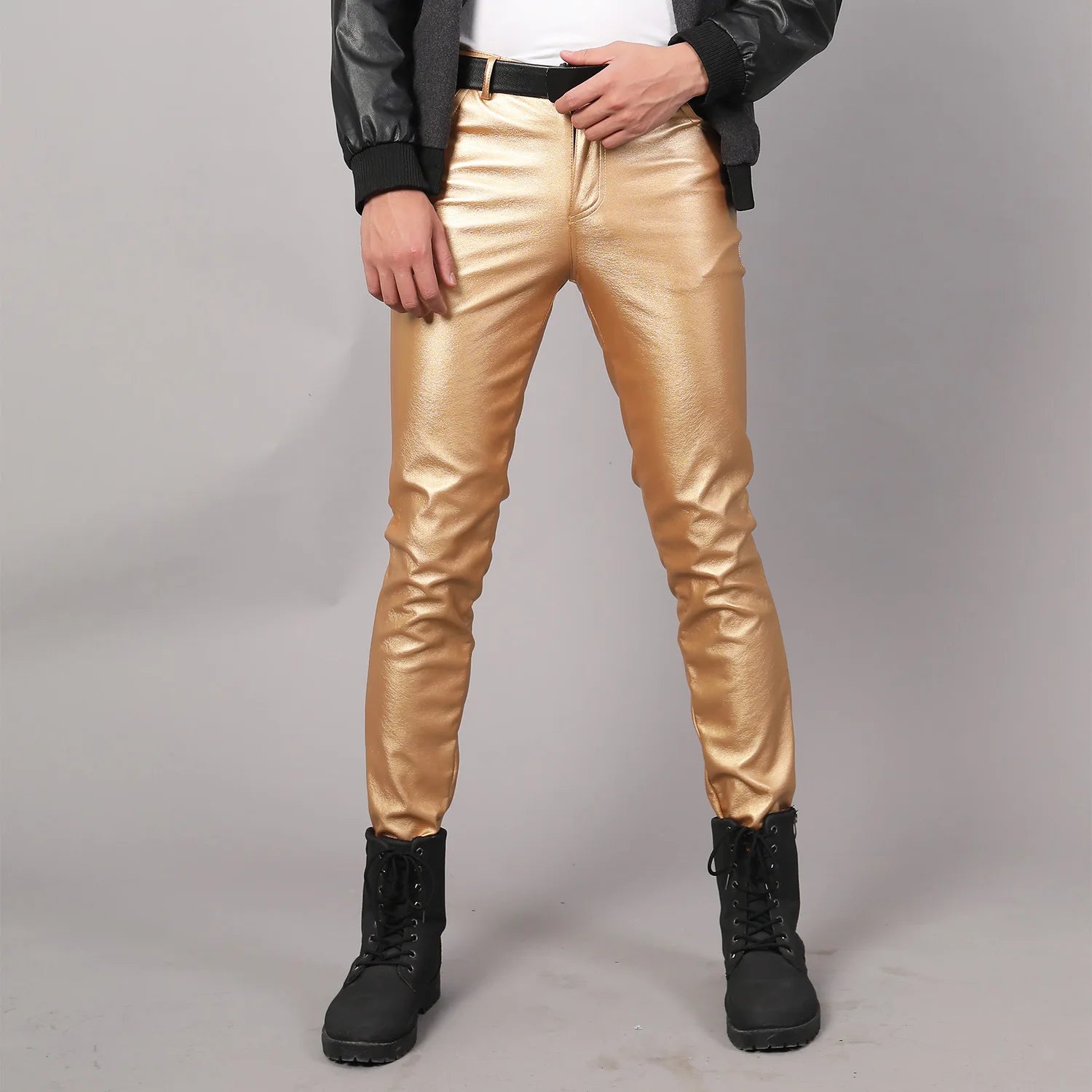 Silver Shiny Motorcycle PU Leather Pants Men Brand Skinny Disco Party Halloween Trousers Men Stage Prom Singer Costume Pants 3XL