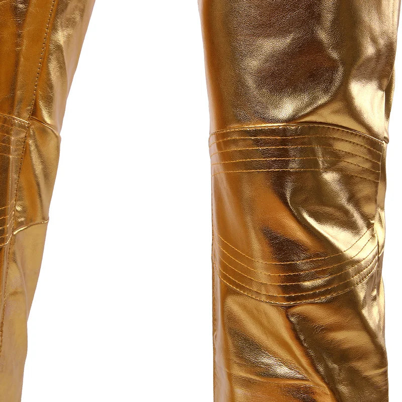 Silver Shiny Motorcycle PU Leather Pants Men Brand Skinny Disco Party Halloween Trousers Men Stage Prom Singer Costume Pants 3XL