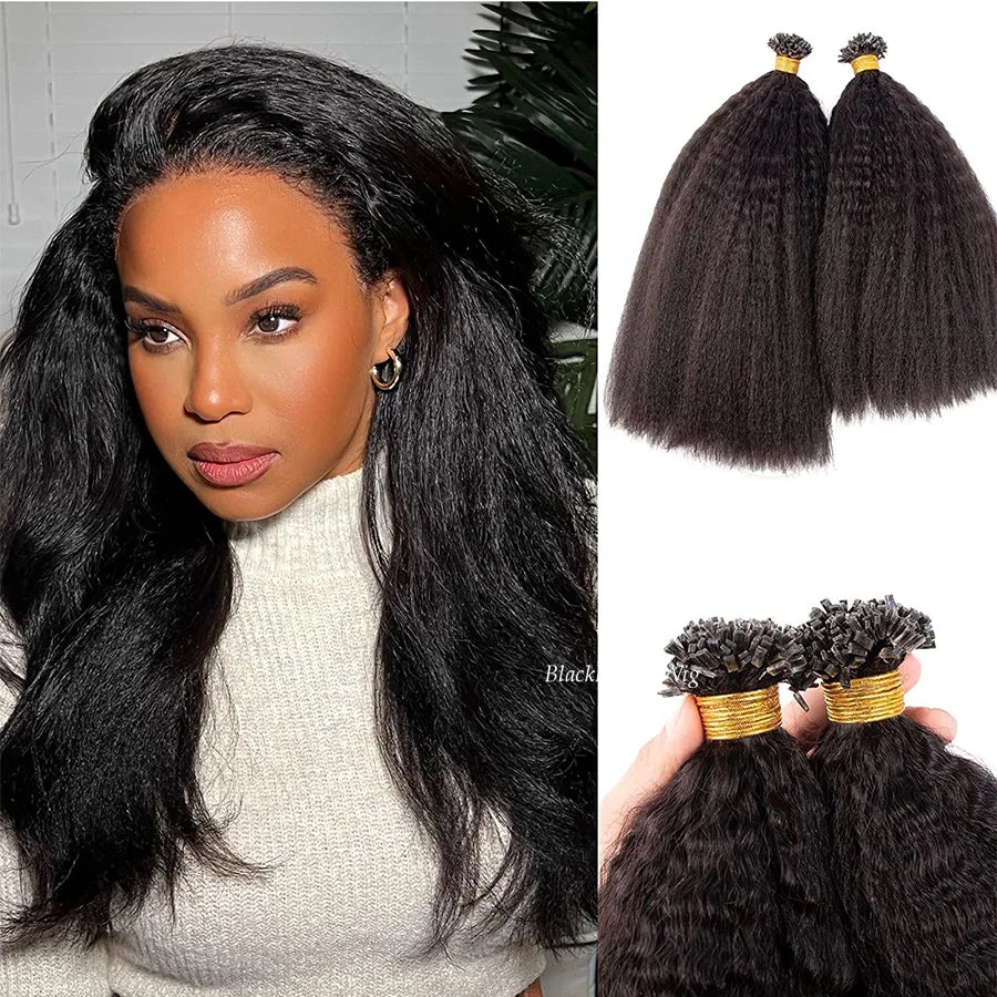 Kinky Straight Flat Tip Human Hair Extension Mongolian Remy Pre Bonded Keratin Fusion K Tip Hair Coarse Italian Yaki 100g 100Pcs