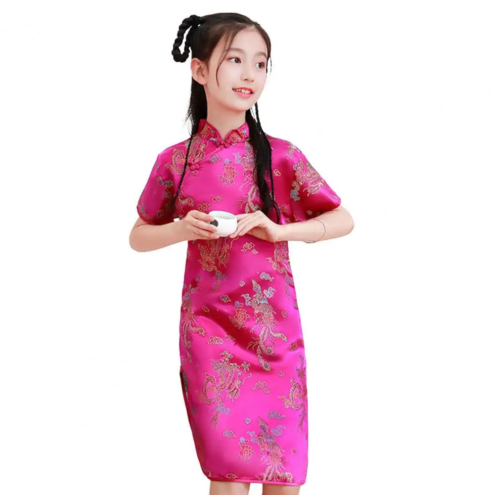Kids Girls Satin Dress Cheongsams Hanfu Tight Phoenix Print Dress Chinese Traditional Costumes Princess Girls Dress Cheongsams