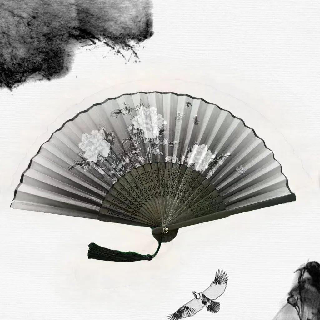 Chinese Bamboo Silk Hand Folding Fan Black