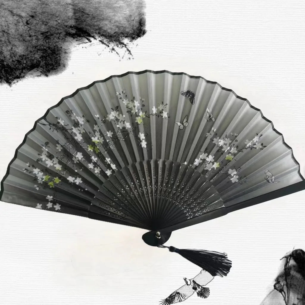 Chinese Bamboo Silk Hand Folding Fan Black