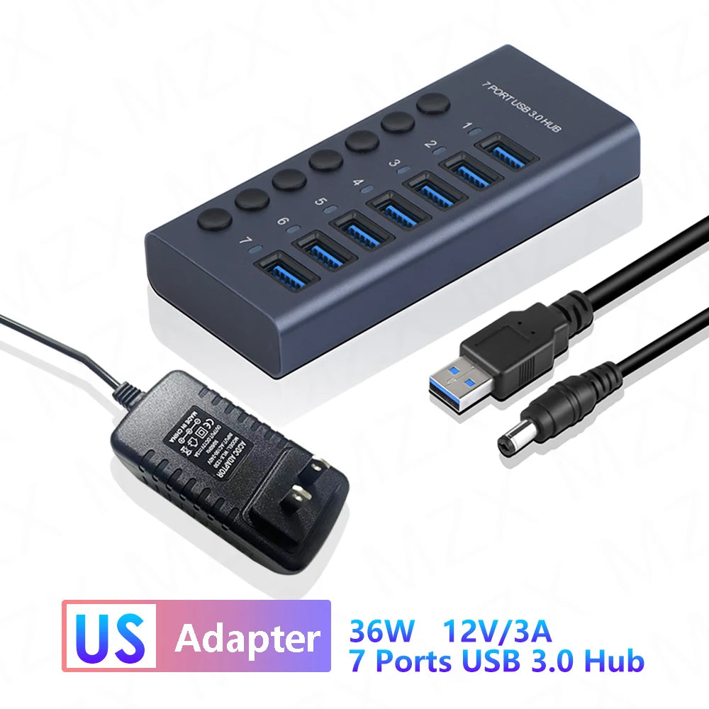 MZX USB 3.0 Hub Aluminum Multi Port Splitter with Power Adapter and Switch
