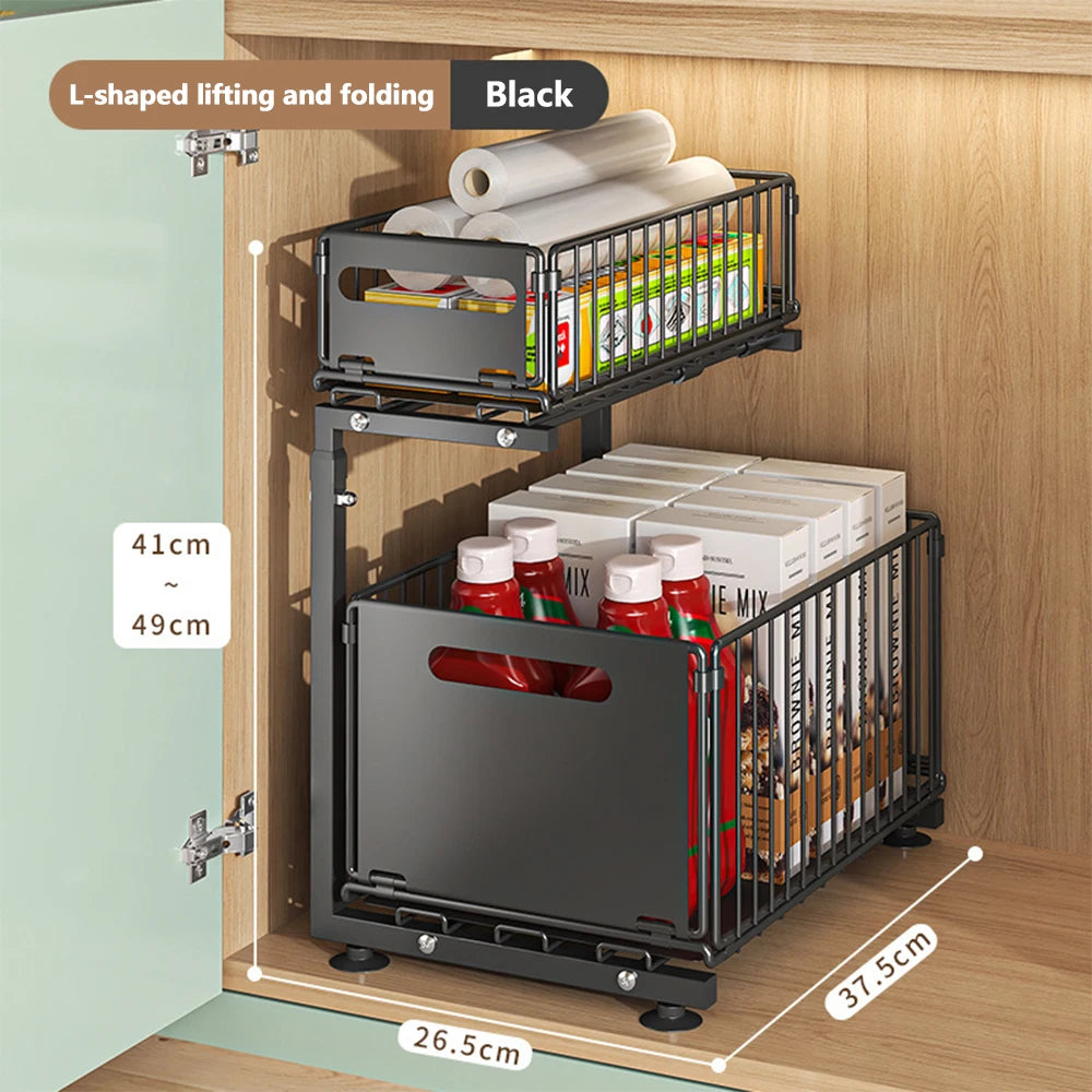 2 Tier Pull Out Cabinet Organizer Adjustable Kitchen Storage Rack Under Sink Organizer Spice Jar Storage Rack Slide Out Drawer