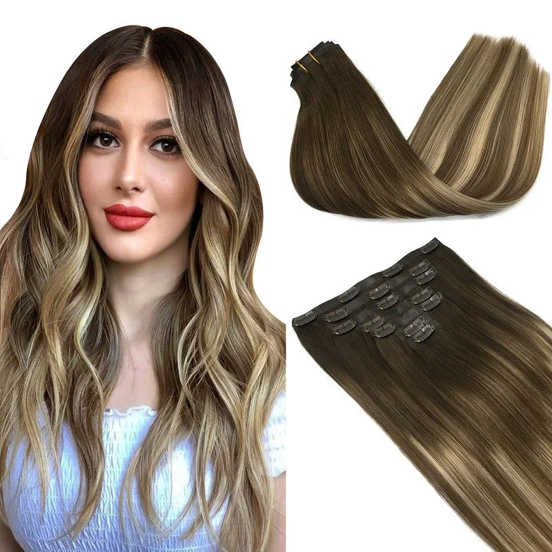 PU Clip in Extensions Human Hair Clip in Natural Thick Straight Hair Extensions Seamless Skin Weft Clip-on Hair Pieces 150G