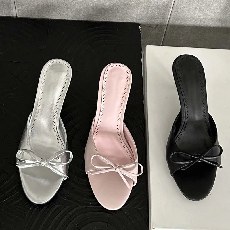 Eilyken Butterfly-knot Peep Toe Women Slippers Fashion Thin Heels Sandals Casual Party Dress Slide Summer Shoes