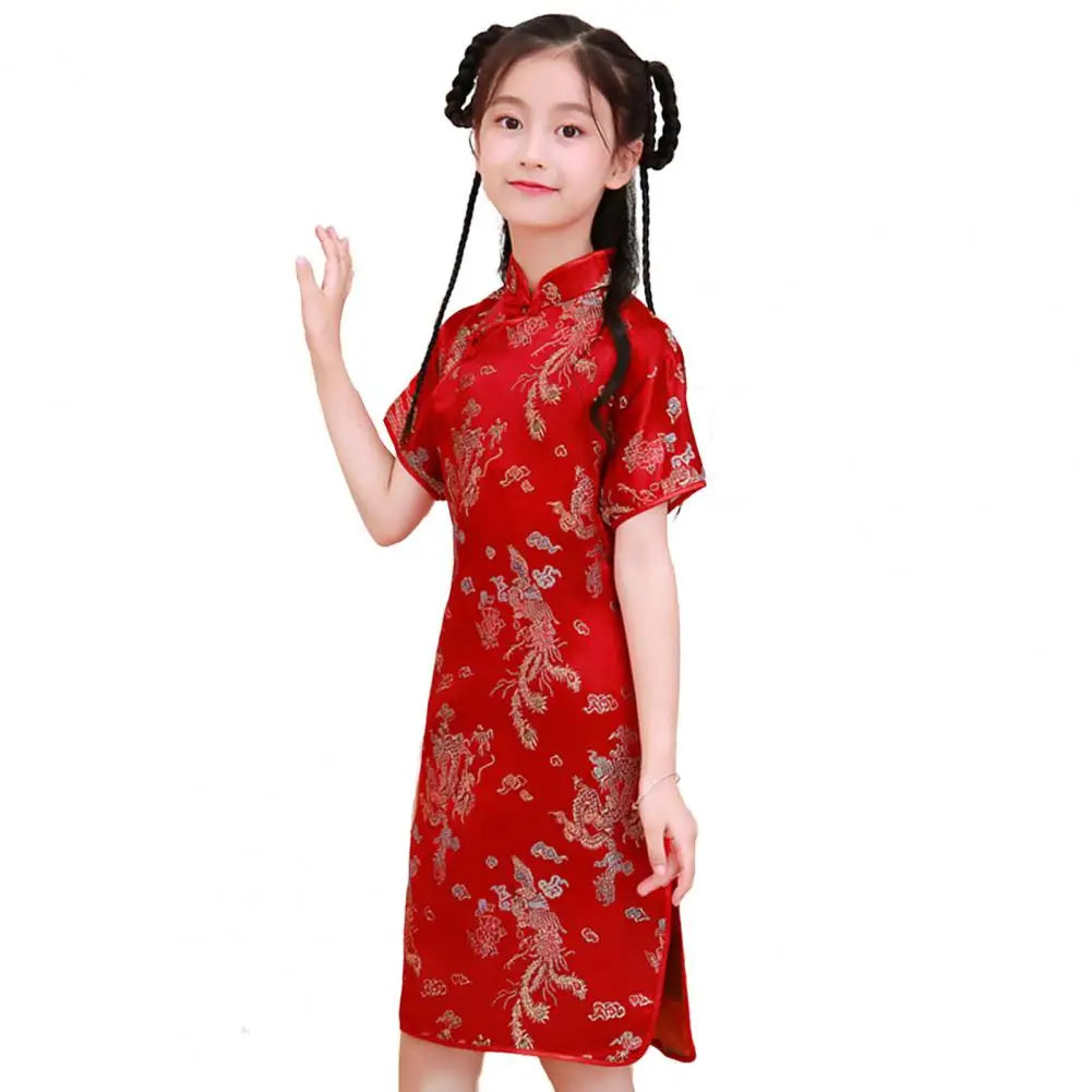 Kids Girls Satin Dress Cheongsams Hanfu Tight Phoenix Print Dress Chinese Traditional Costumes Princess Girls Dress Cheongsams