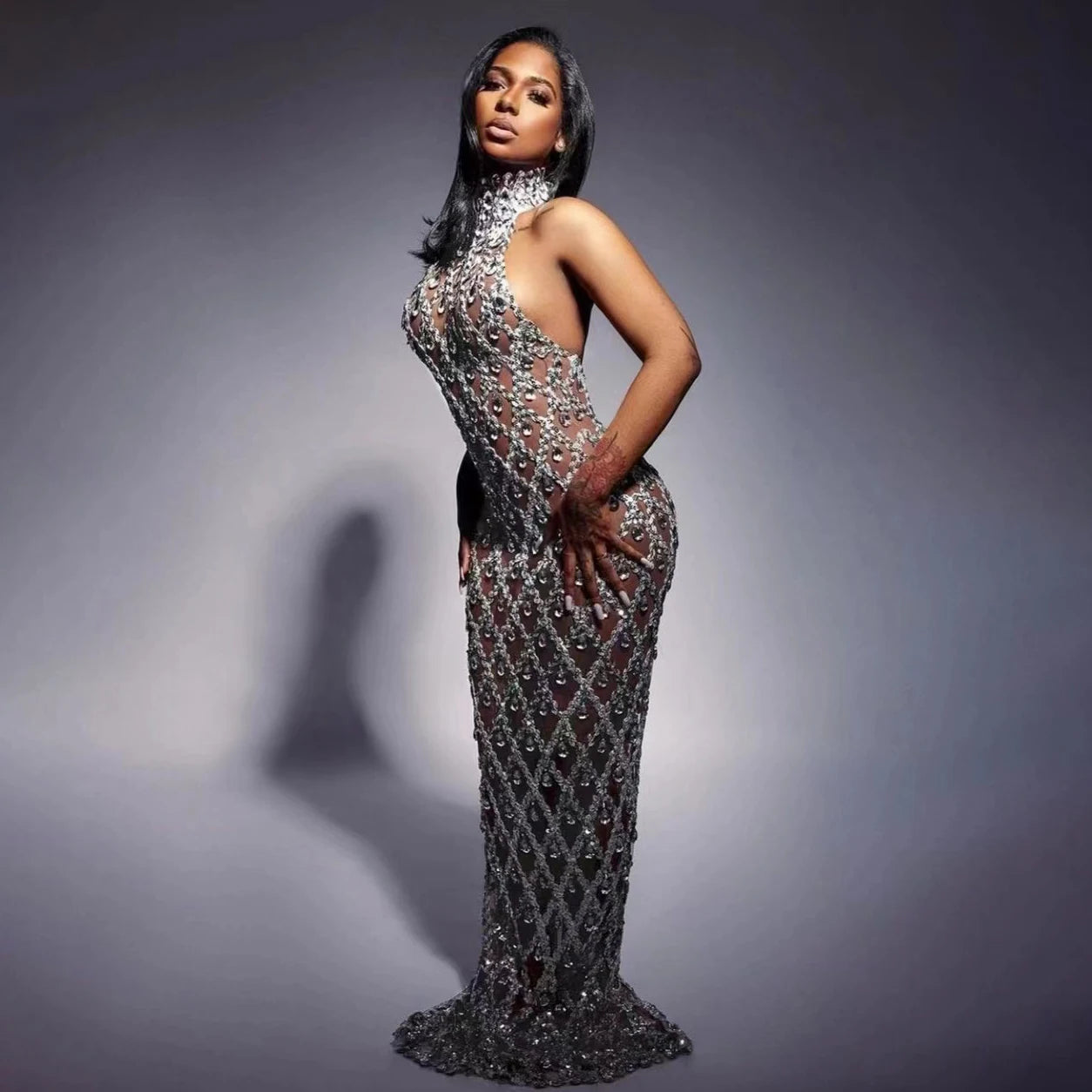 Women Sparkly Silver Sleeveless Rhinestone Birthday Evening Celebrate Dress Mesh Transparent Clubwear Queen Outfit 2025 New Year