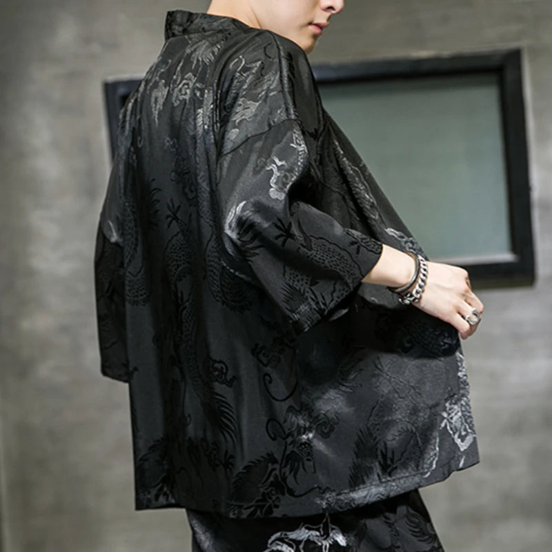Kimono Cardigan Jacket Men's Japanese Summer Yukata Men's Yuki Obi Japanese Dragon Coat Traditional Japan Clothing Outwear New
