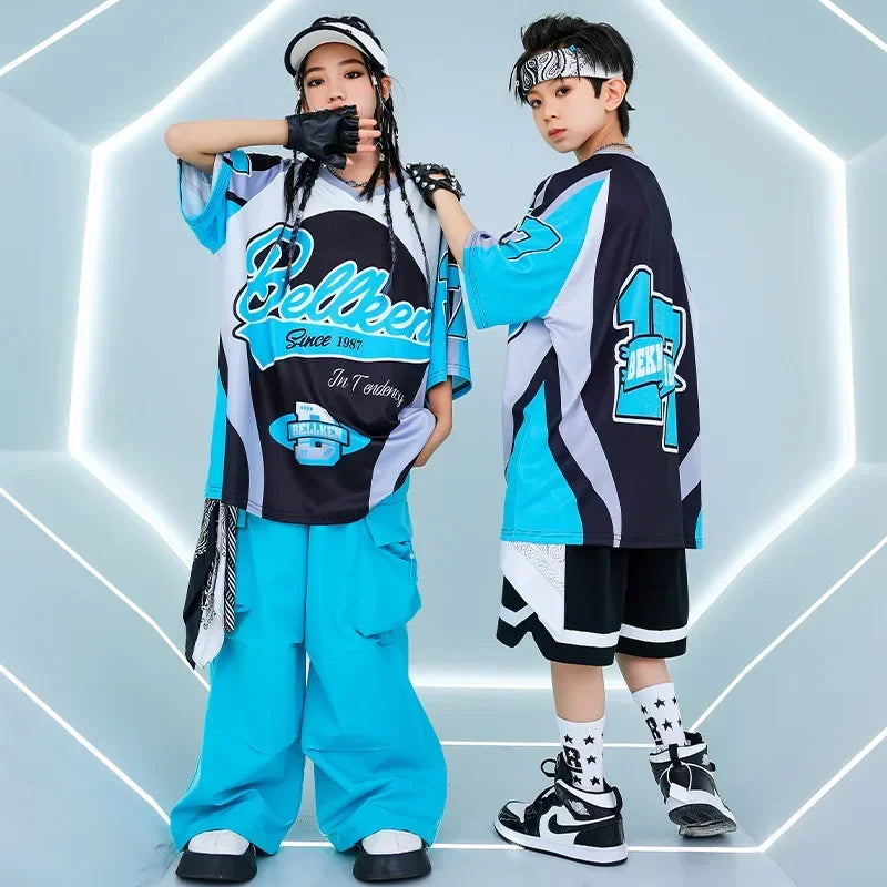 New Summer Teens Loose Blue T-Shirt Pants Black Shorts Boys Hip Hop Outfits Modern Jazz Dance Costume Girl Kpop Performance Wear