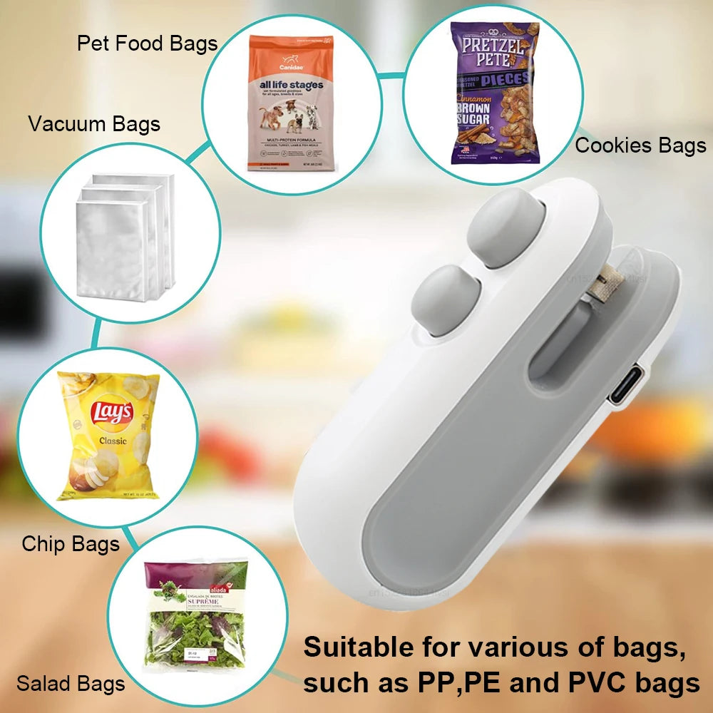 Mini Bag Sealer Portable Rechargeable Handheld Heat Vacuum Sealer 2 in 1 Sealer and Cutter for Plastic Bags Food Storage
