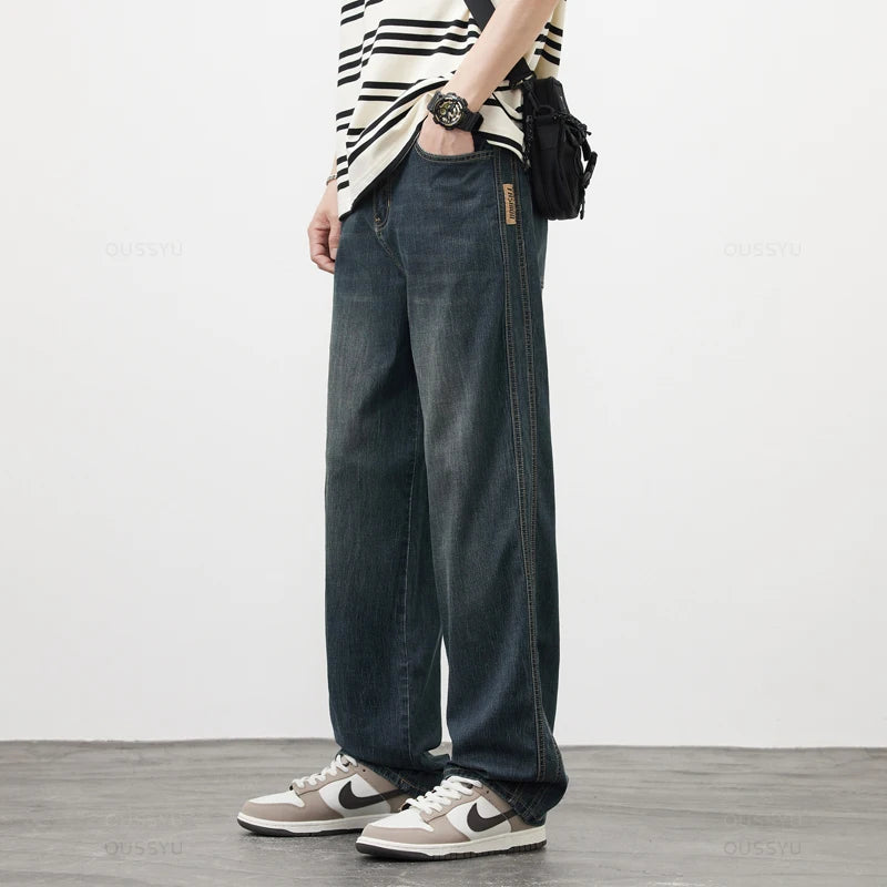 Spring Summer High Quality Soft Lyocell Fabric Jeans Men Thin Loose Wide Leg Pants Elastic Waist Casual Trousers Plus Size 28-40